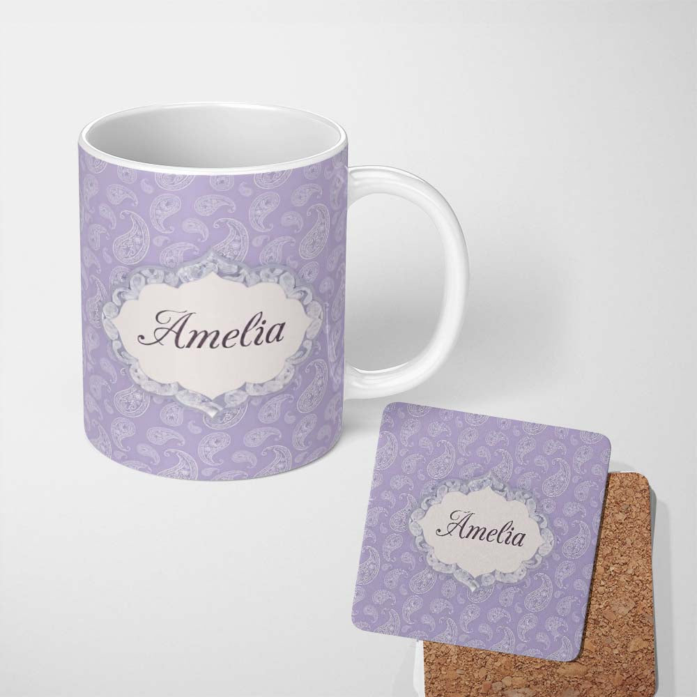 Personalized Custom Name Elegant White Paisley Design on Subtle Grey Blue Background 11oz Ceramic Coffee Tea Mug White Large Handle