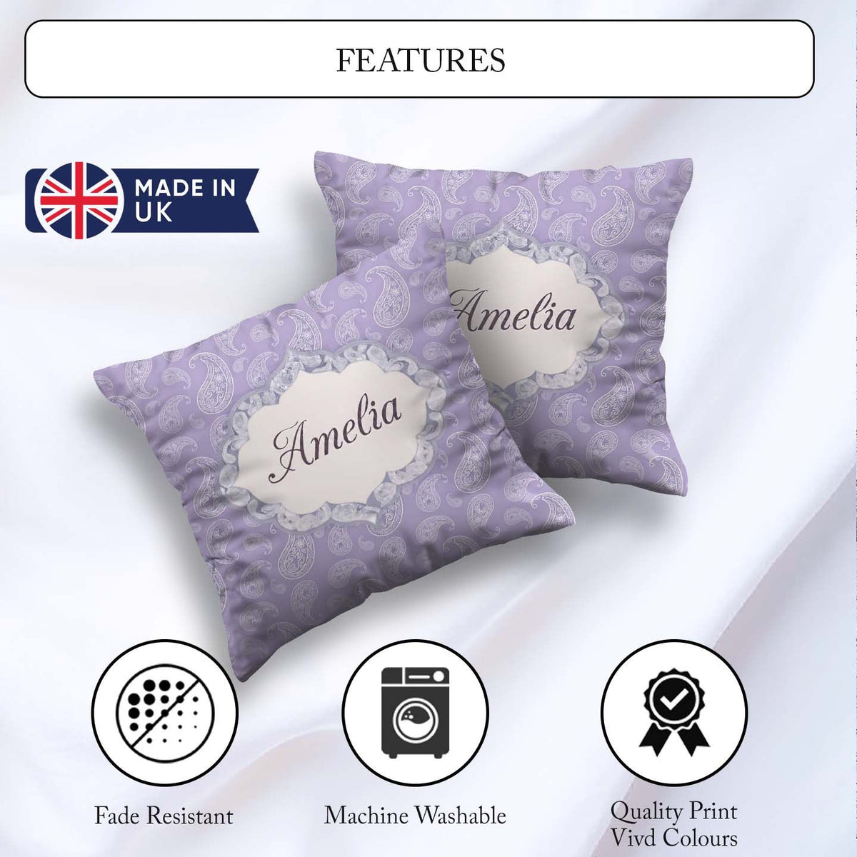 Custom Name Elegant White Paisley Design on Grey Blue Background Square Filled Cushion Throw Pillow Sofa Bed Home Decor Zip Washable UK Made