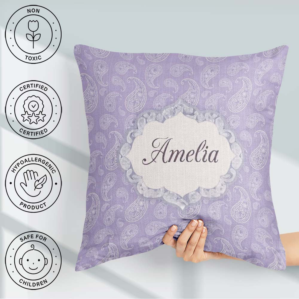 Custom Name Elegant White Paisley Design on Grey Blue Background Square Filled Cushion Throw Pillow Sofa Bed Home Decor Zip Washable UK Made