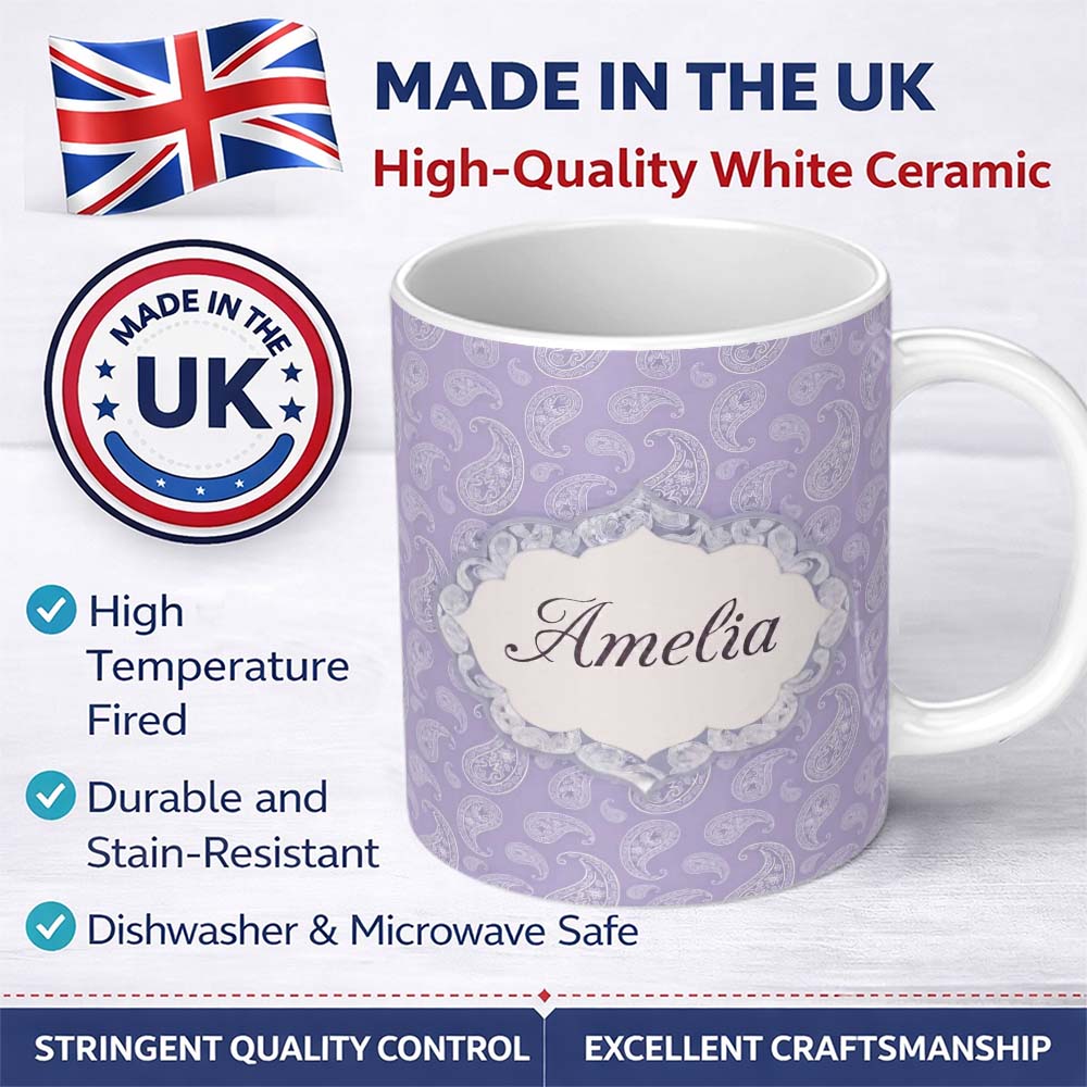 Personalized Custom Name Elegant White Paisley Design on Subtle Grey Blue Background 11oz Ceramic Coffee Tea Mug White Large Handle
