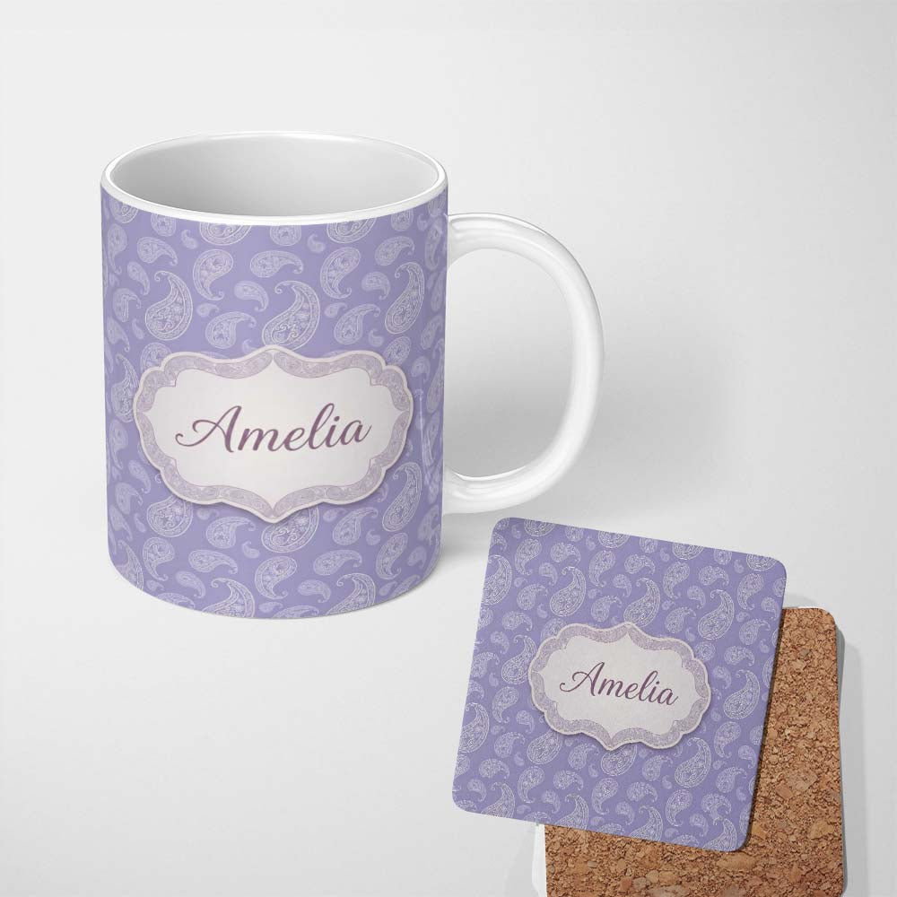 Personalized Custom Name Classic White Paisley Pattern on Light Lavender Background Seamless 11oz Ceramic Coffee Tea Mug White Large Handle