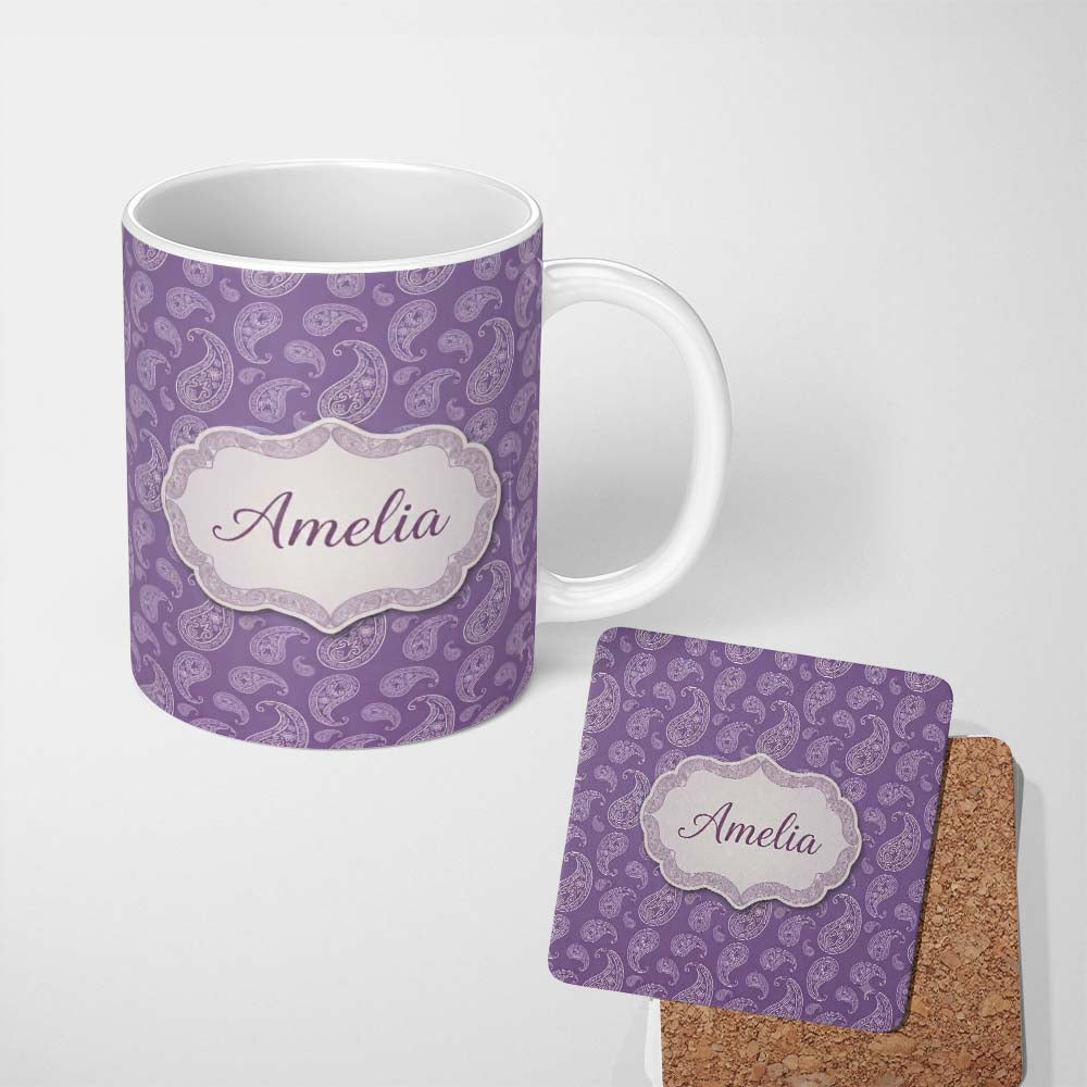 Personalized Custom Name Ornamental White Paisley Pattern on Mauve Purple Background 11oz Ceramic Coffee Tea Mug White Large Handle