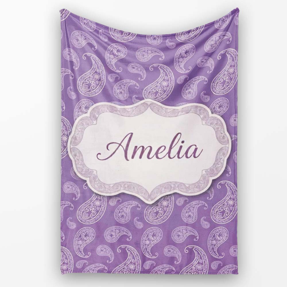 Ornamental White Paisley Pattern on Mauve Purple Background Personalised Custom Name Super Soft Fleece Blanket Bed Sofa Throw