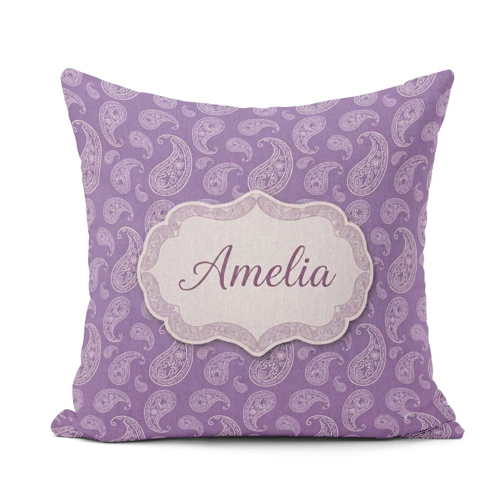 Custom Name Ornamental White Paisley Pattern on Mauve Background Square Filled Cushion Throw Pillow Sofa Bed Home Decor Zip Washable UK Made