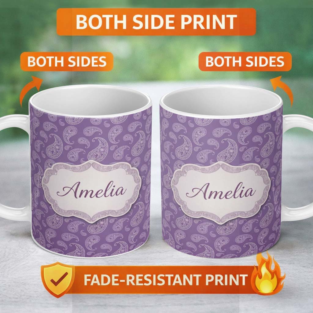 Personalized Custom Name Ornamental White Paisley Pattern on Mauve Purple Background 11oz Ceramic Coffee Tea Mug White Large Handle