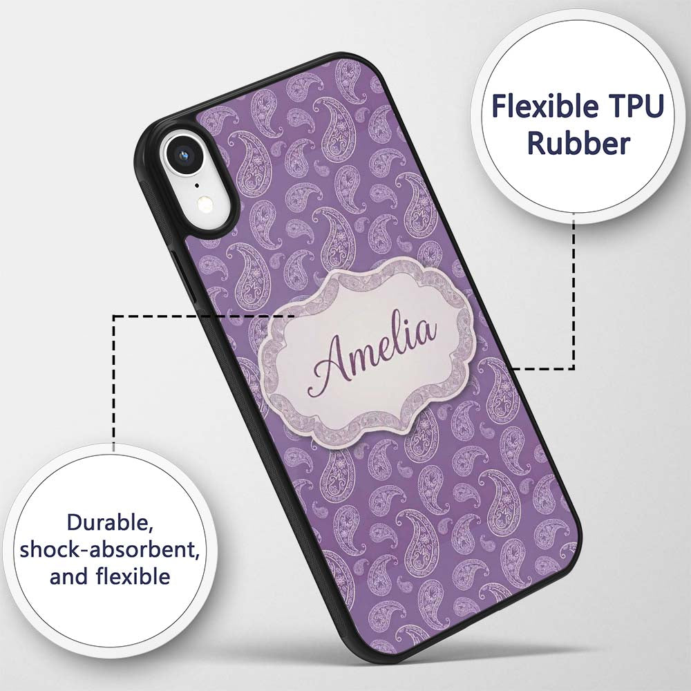 Ornamental White Paisley Pattern on Mauve Purple Custom Name Protective Phone Case Mobile Cover Durable Everyday Smartphone Shock Resistant