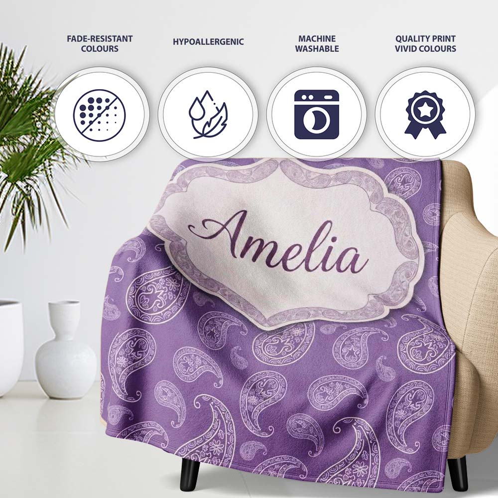 Ornamental White Paisley Pattern on Mauve Purple Background Personalised Custom Name Super Soft Fleece Blanket Bed Sofa Throw