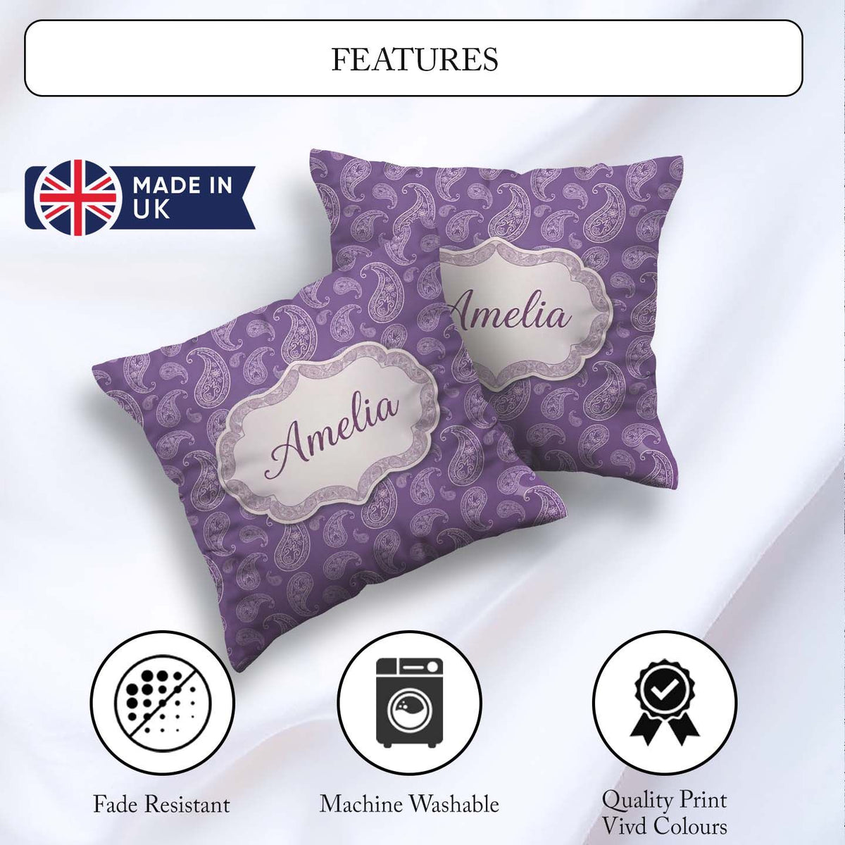 Custom Name Ornamental White Paisley Pattern on Mauve Background Square Filled Cushion Throw Pillow Sofa Bed Home Decor Zip Washable UK Made