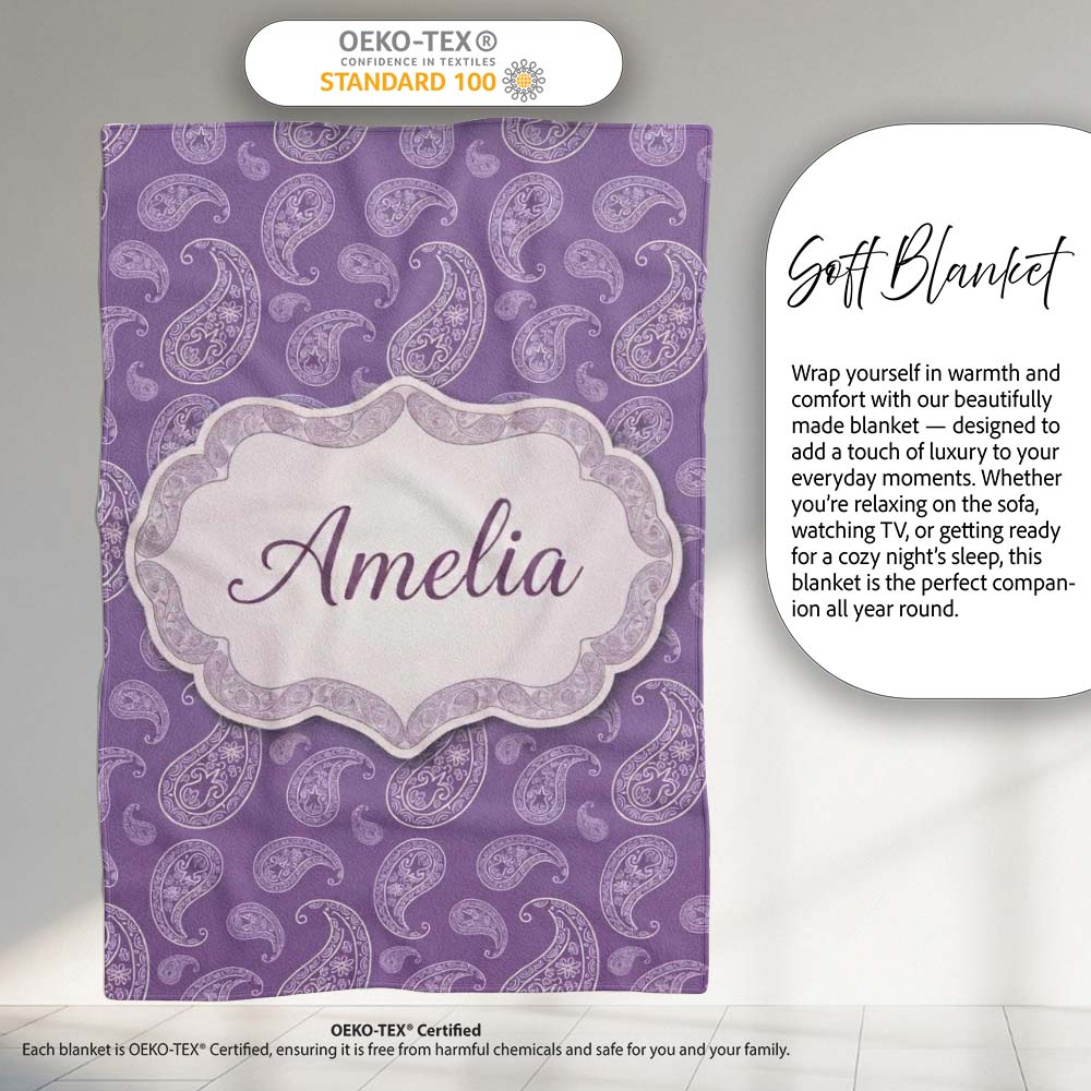 Ornamental White Paisley Pattern on Mauve Purple Background Personalised Custom Name Super Soft Fleece Blanket Bed Sofa Throw