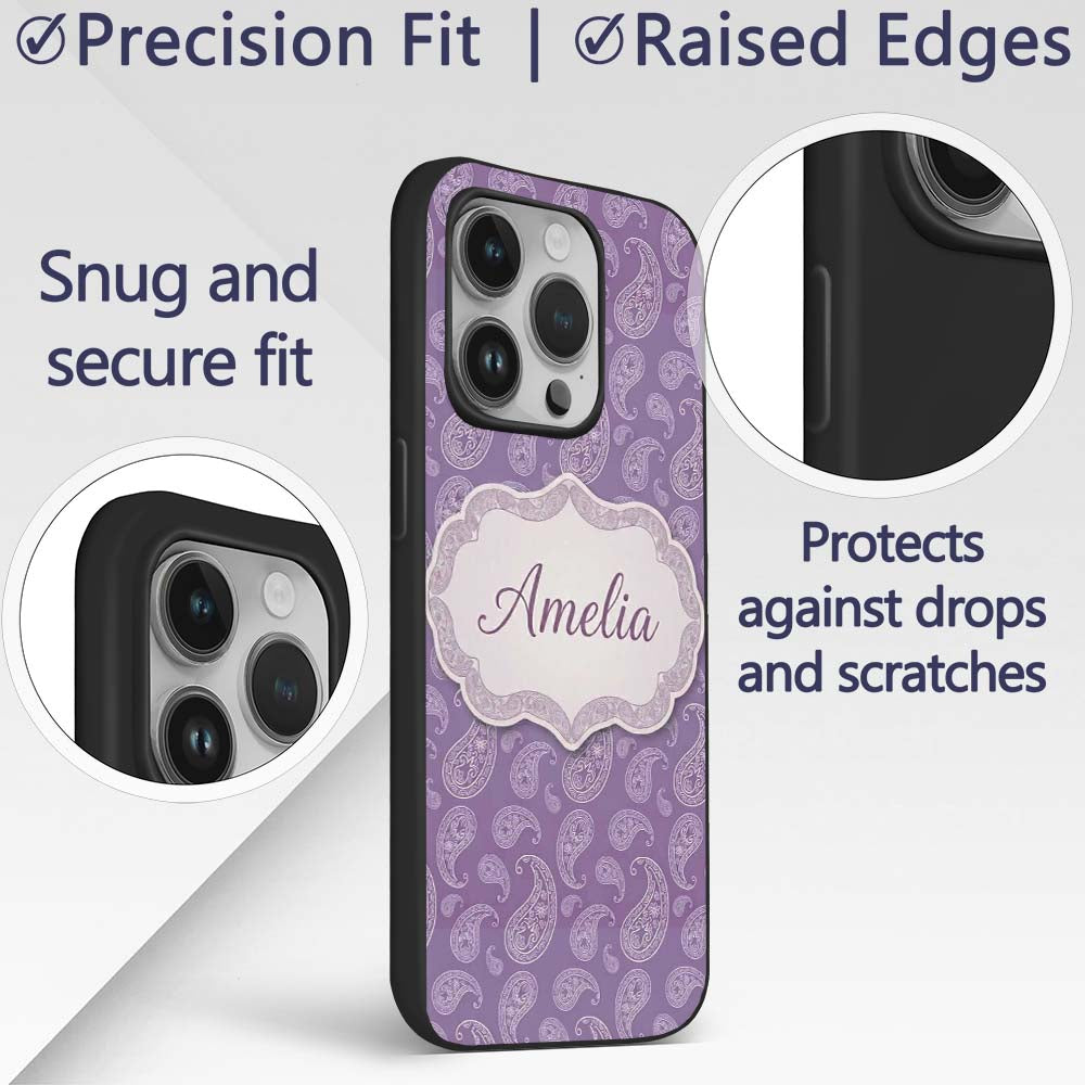 Ornamental White Paisley Pattern on Mauve Purple Custom Name Protective Phone Case Mobile Cover Durable Everyday Smartphone Shock Resistant