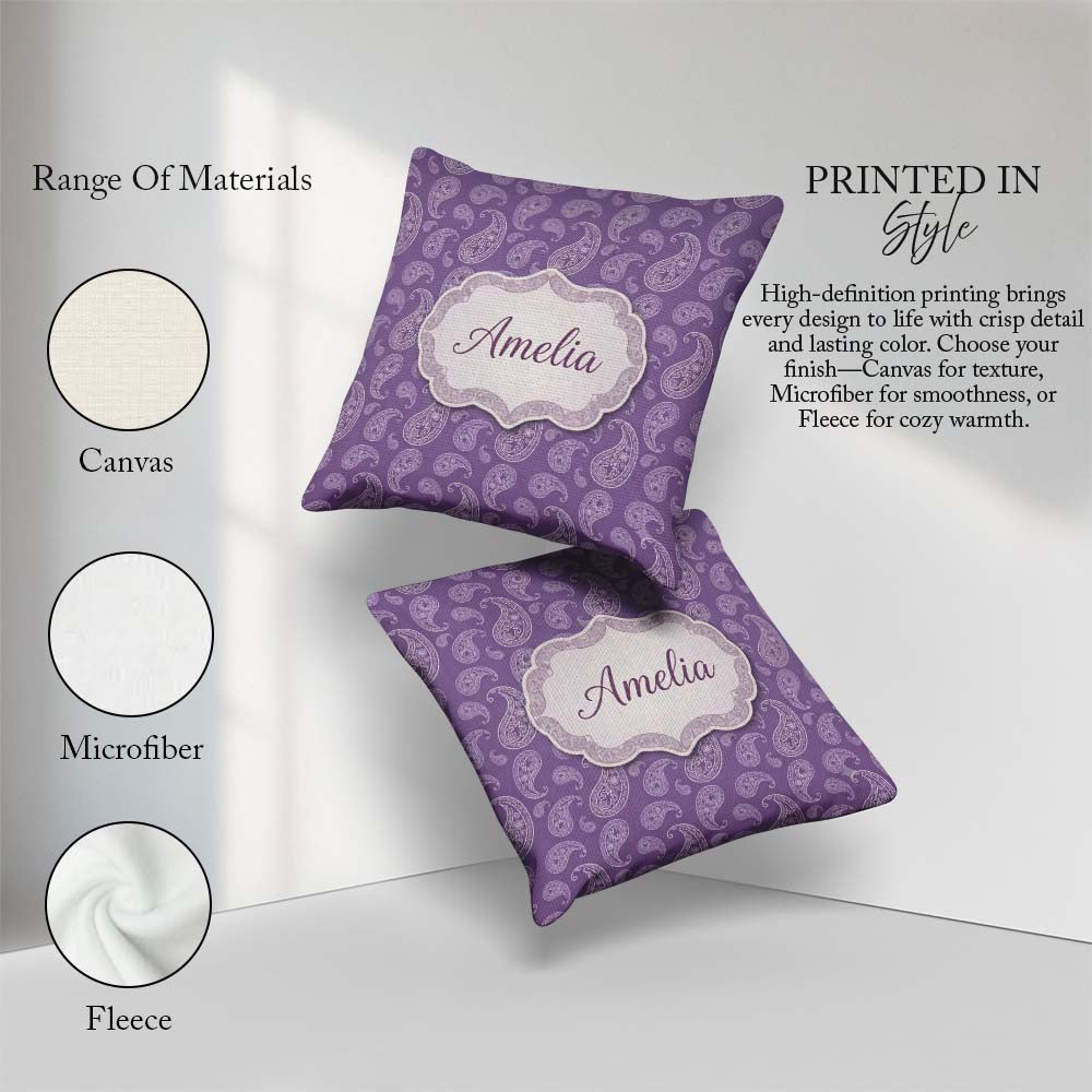 Custom Name Ornamental White Paisley Pattern on Mauve Background Square Filled Cushion Throw Pillow Sofa Bed Home Decor Zip Washable UK Made