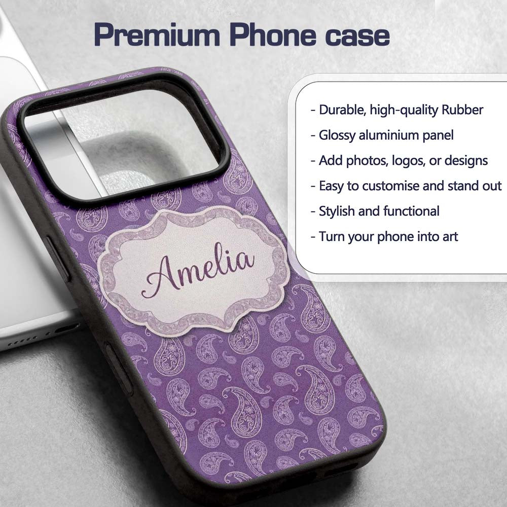 Ornamental White Paisley Pattern on Mauve Purple Custom Name Protective Phone Case Mobile Cover Durable Everyday Smartphone Shock Resistant