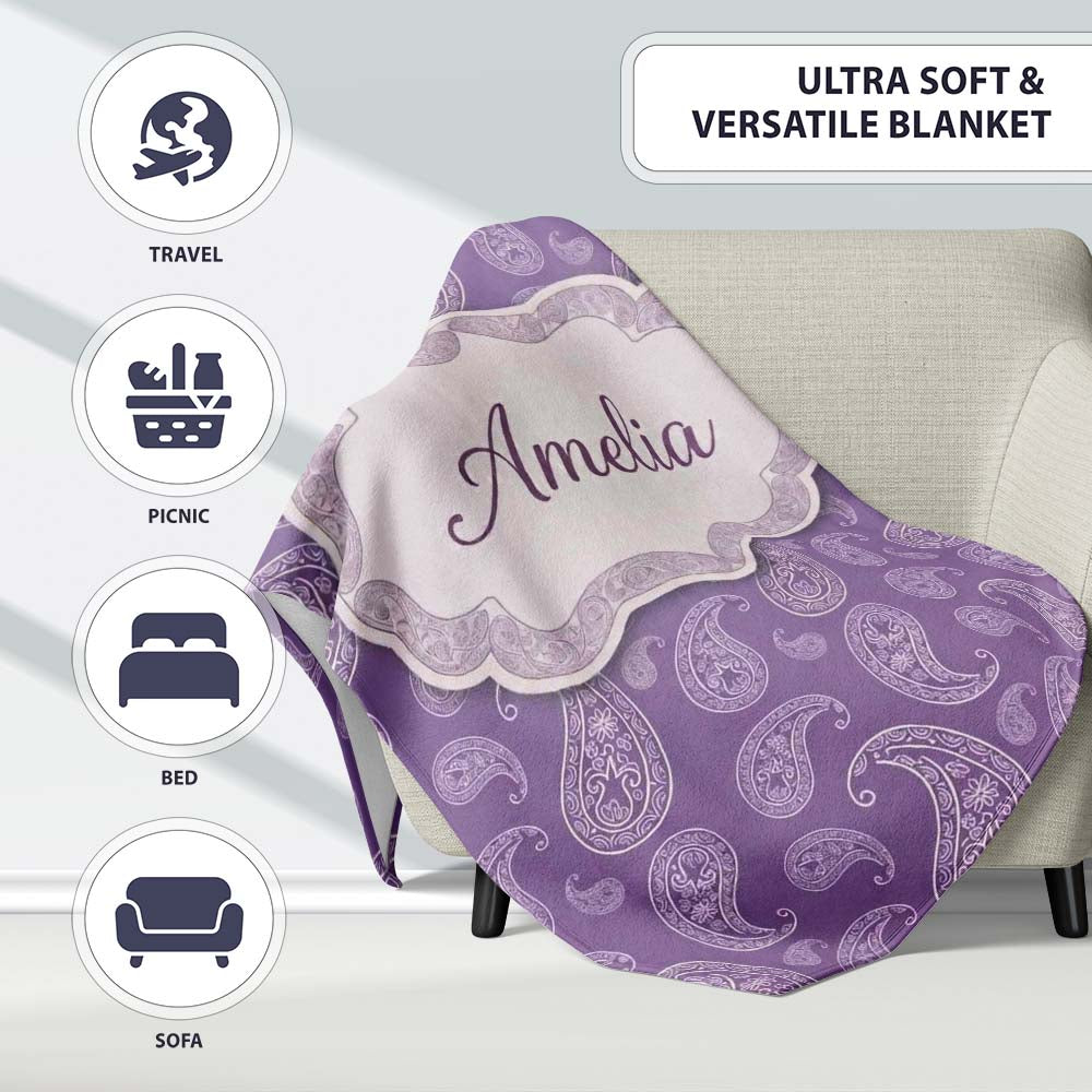Ornamental White Paisley Pattern on Mauve Purple Background Personalised Custom Name Super Soft Fleece Blanket Bed Sofa Throw