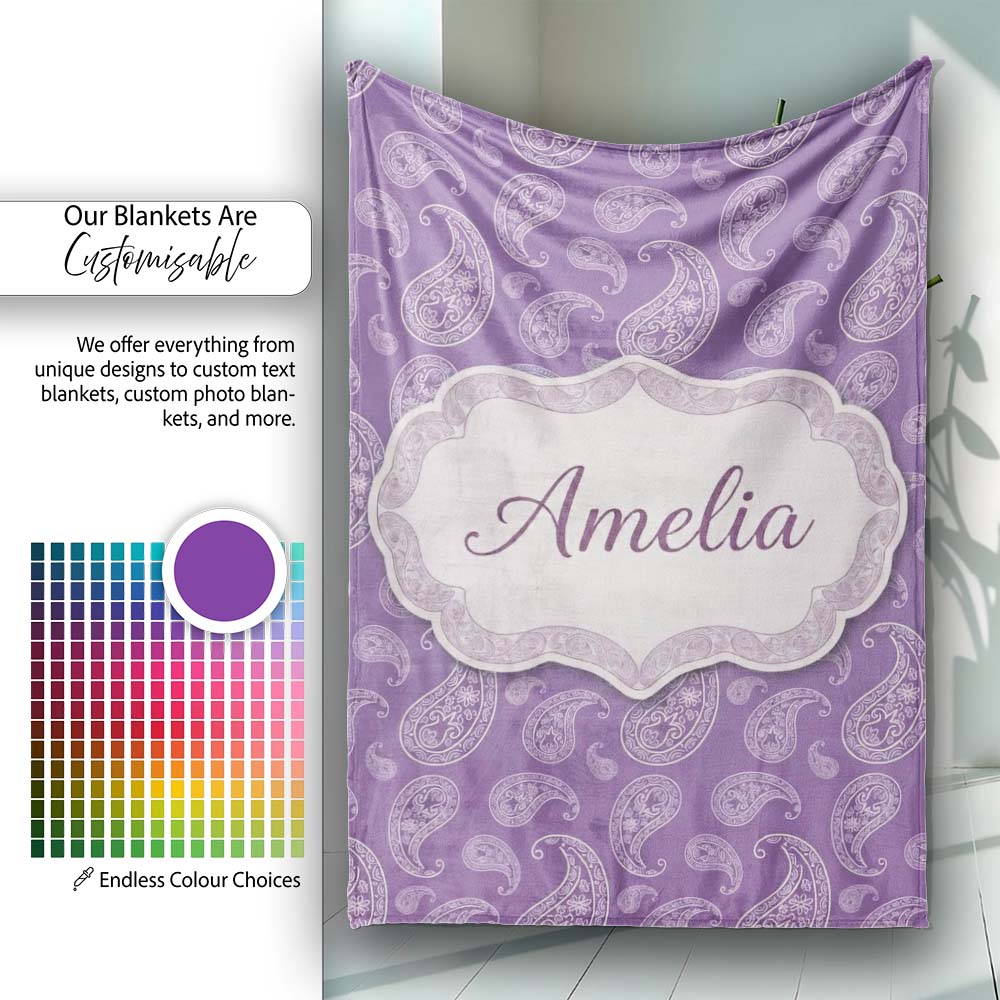 Ornamental White Paisley Pattern on Mauve Purple Background Personalised Custom Name Super Soft Fleece Blanket Bed Sofa Throw