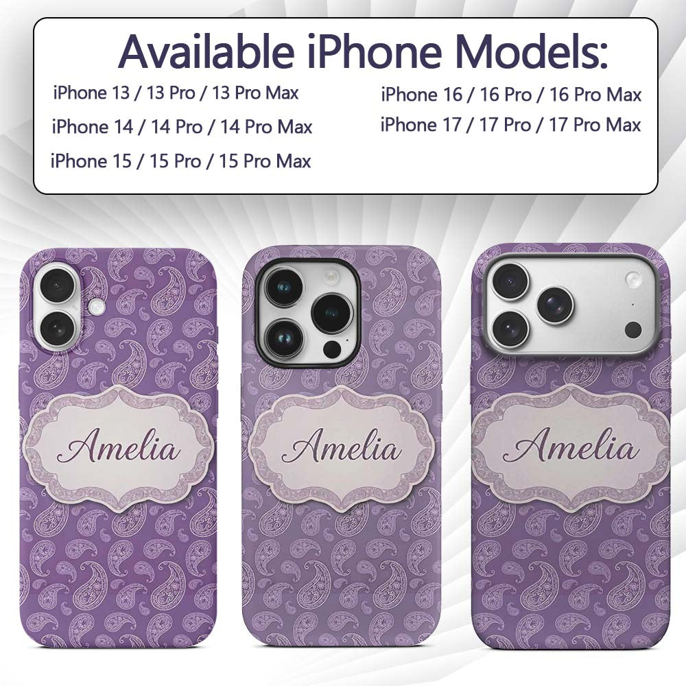 Ornamental White Paisley Pattern on Mauve Purple Custom Name Protective Phone Case Mobile Cover Durable Everyday Smartphone Shock Resistant