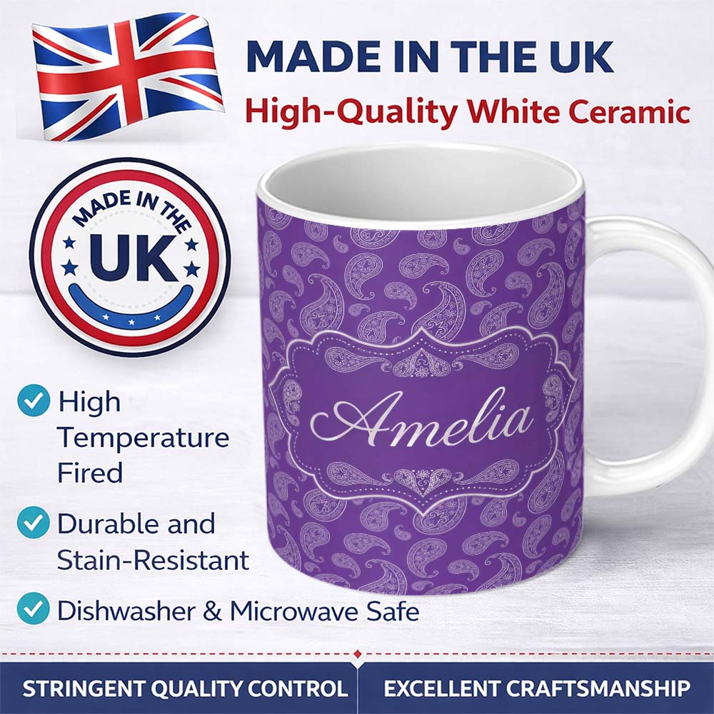 Personalized Custom Name Traditional White Paisley Floral Design on Deep Violet Background 11oz Ceramic Coffee Tea Mug White Large Handle
