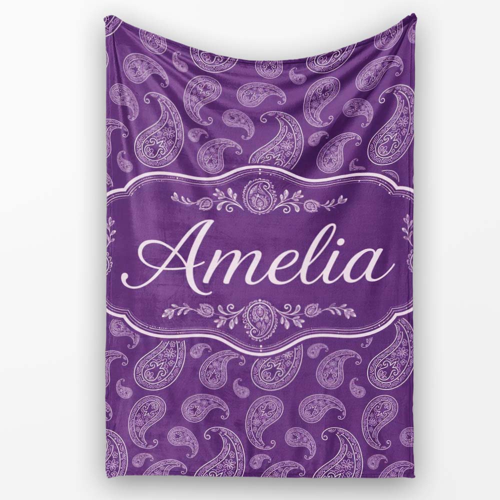 Elegant White Paisley Floral Pattern on Deep Plum Purple Seamless Personalised Custom Name Super Soft Fleece Blanket Bed Sofa Throw
