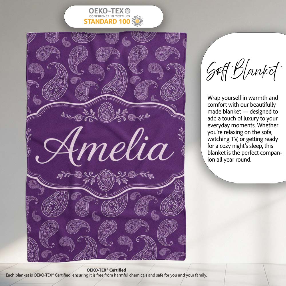 Elegant White Paisley Floral Pattern on Deep Plum Purple Seamless Personalised Custom Name Super Soft Fleece Blanket Bed Sofa Throw