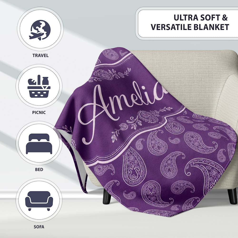 Elegant White Paisley Floral Pattern on Deep Plum Purple Seamless Personalised Custom Name Super Soft Fleece Blanket Bed Sofa Throw