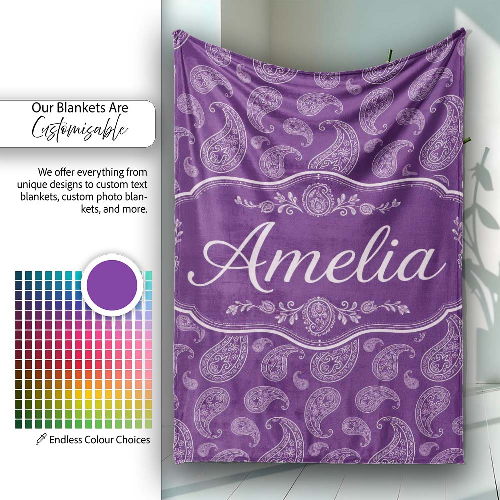Elegant White Paisley Floral Pattern on Deep Plum Purple Seamless Personalised Custom Name Super Soft Fleece Blanket Bed Sofa Throw