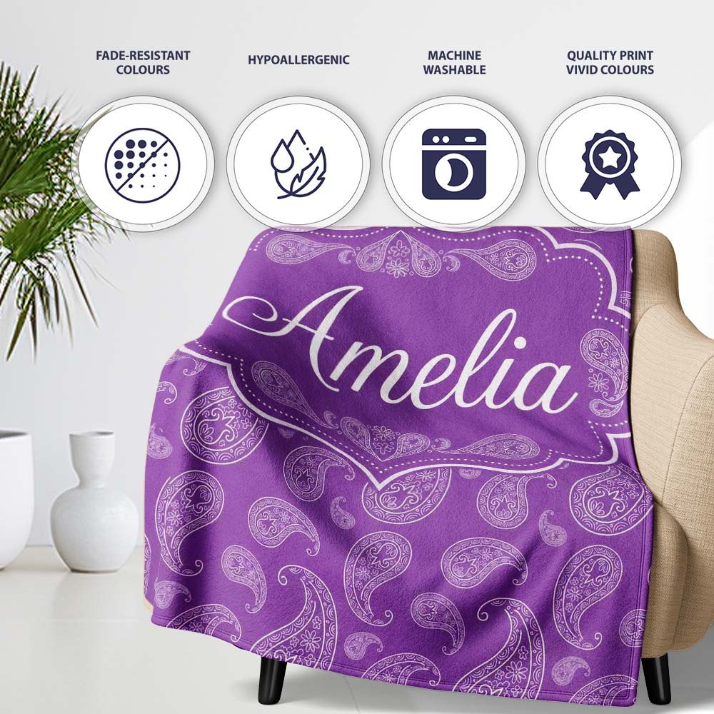 Classic White Paisley Motif on Rich Violet Purple Background Personalised Custom Name Super Soft Fleece Blanket Bed Sofa Throw