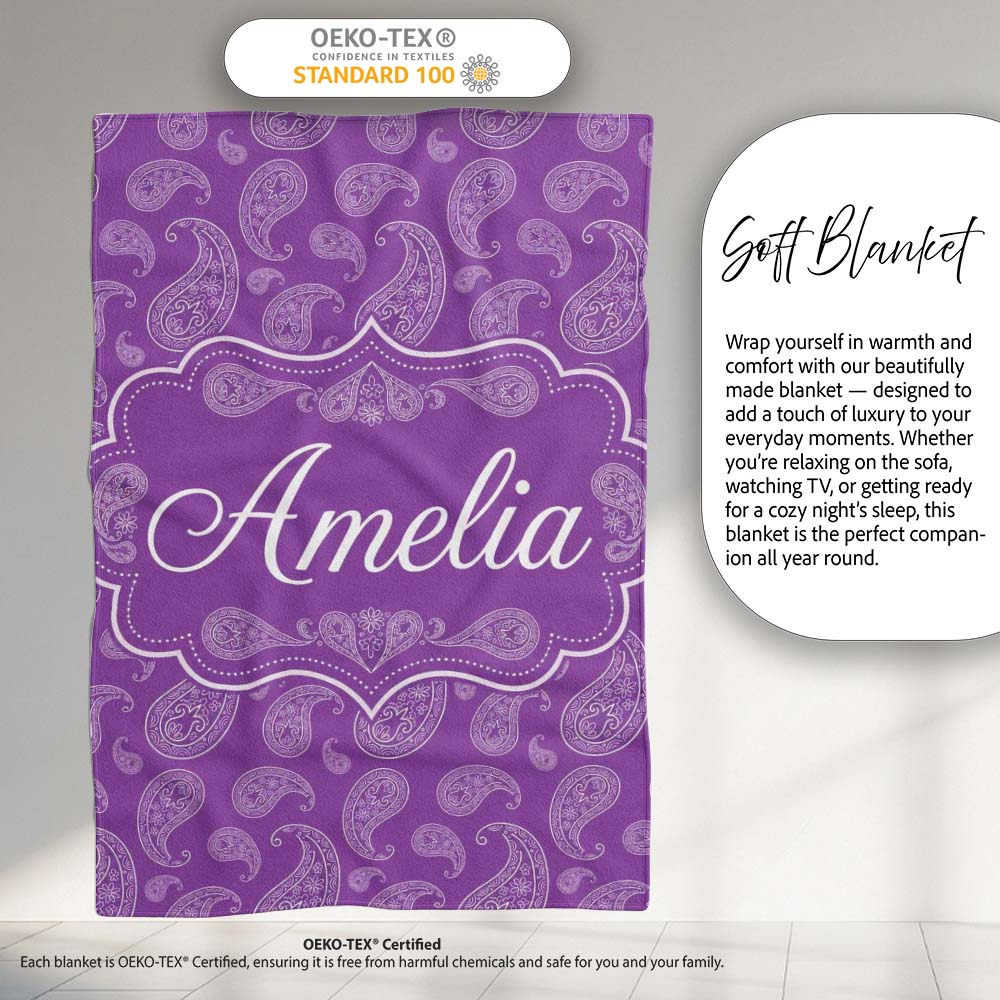Classic White Paisley Motif on Rich Violet Purple Background Personalised Custom Name Super Soft Fleece Blanket Bed Sofa Throw