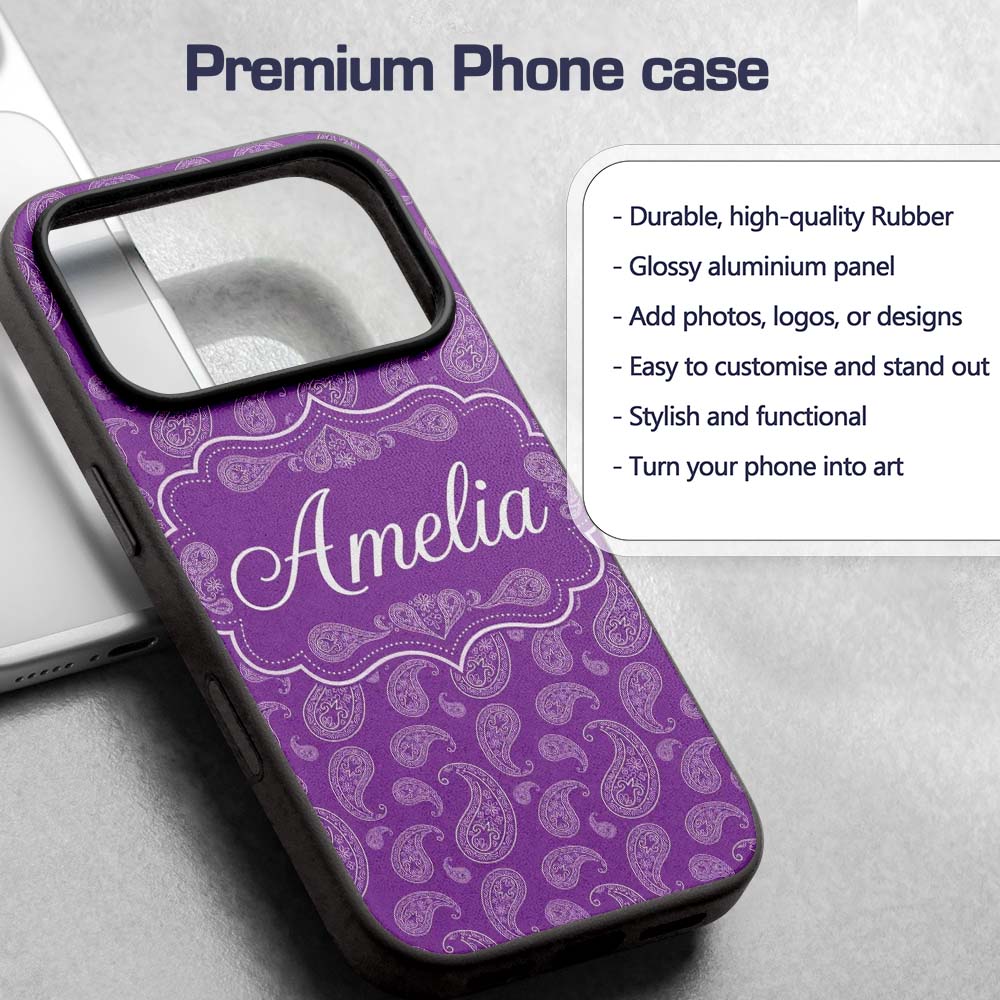 Classic White Paisley Motif on Rich Violet Purple Custom Name Protective Phone Case Mobile Cover Durable Everyday Smartphone Shock Resistant