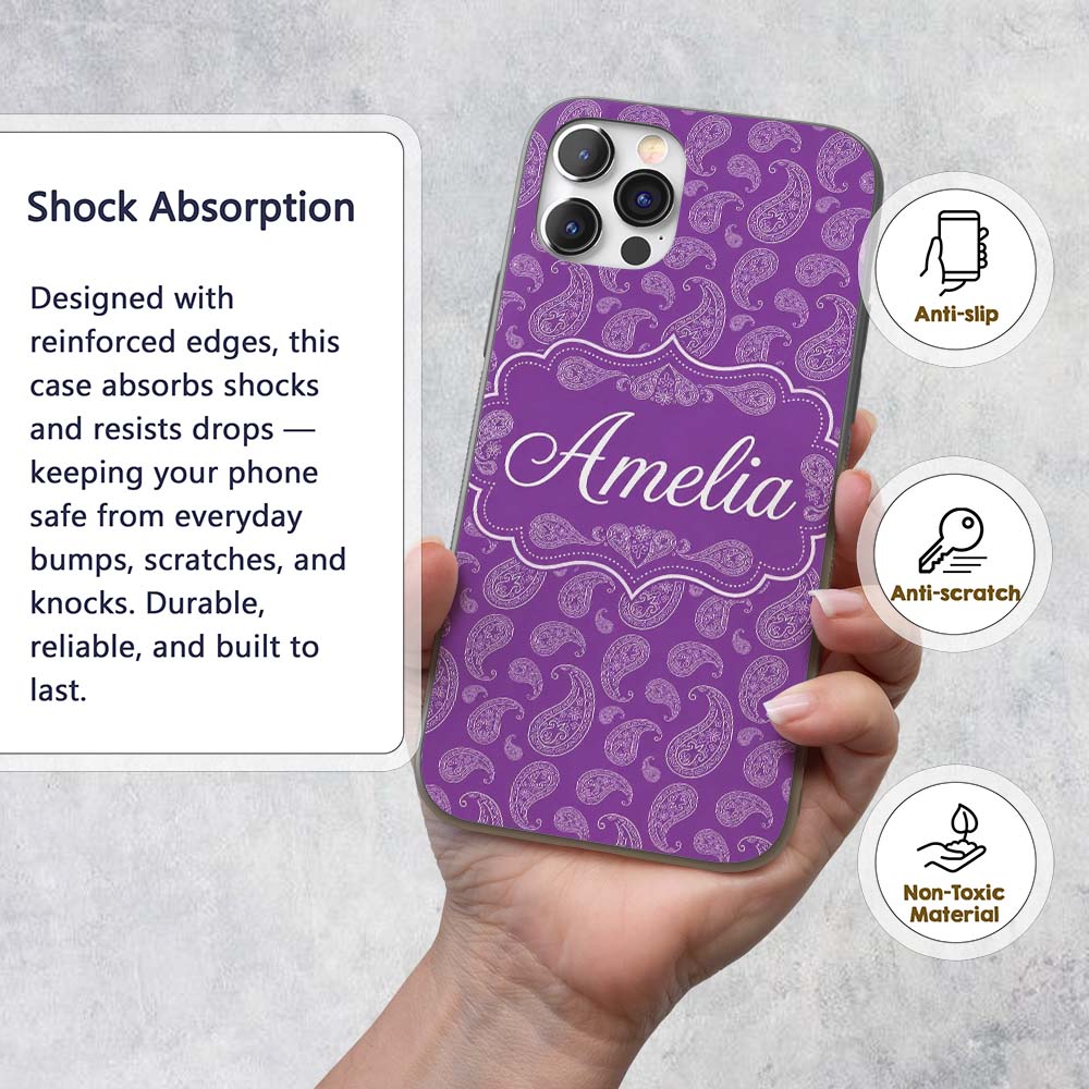 Classic White Paisley Motif on Rich Violet Purple Custom Name Protective Phone Case Mobile Cover Durable Everyday Smartphone Shock Resistant