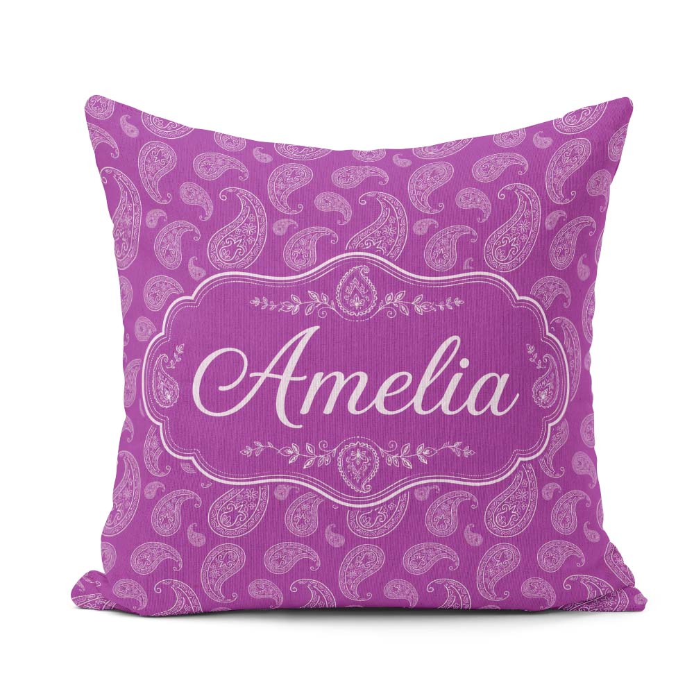 Custom Name Intricate White Paisley Design on Magenta Background Square Filled Cushion Throw Pillow Sofa Bed Home Decor Zip Washable UK Made