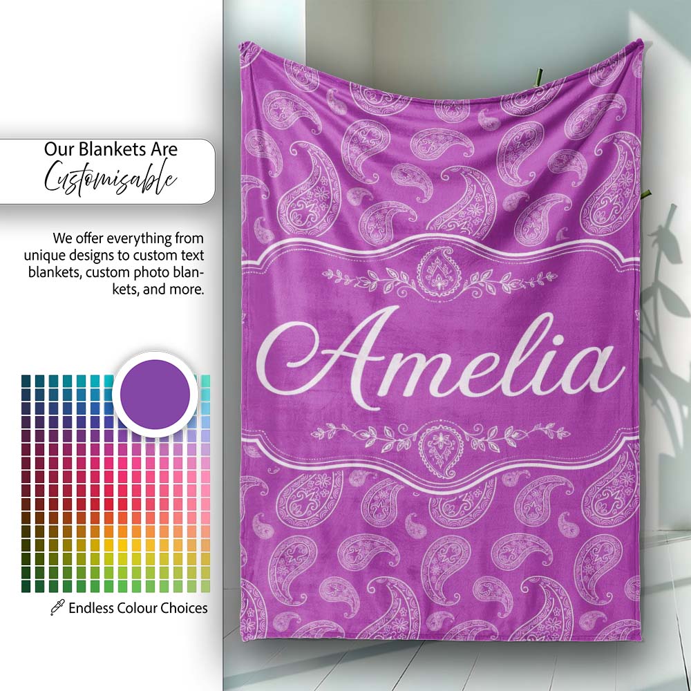 Intricate White Paisley Design on Bold Magenta Purple Background Personalised Custom Name Super Soft Fleece Blanket Bed Sofa Throw