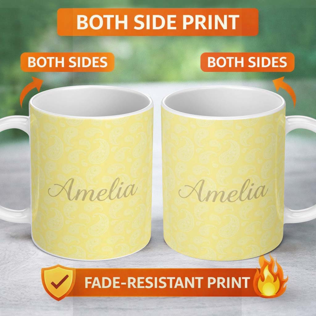 Personalized Custom Name Delicate White Paisley Pattern on Soft Yellow Gradient Background 11oz Ceramic Coffee Tea Mug White Large Handle