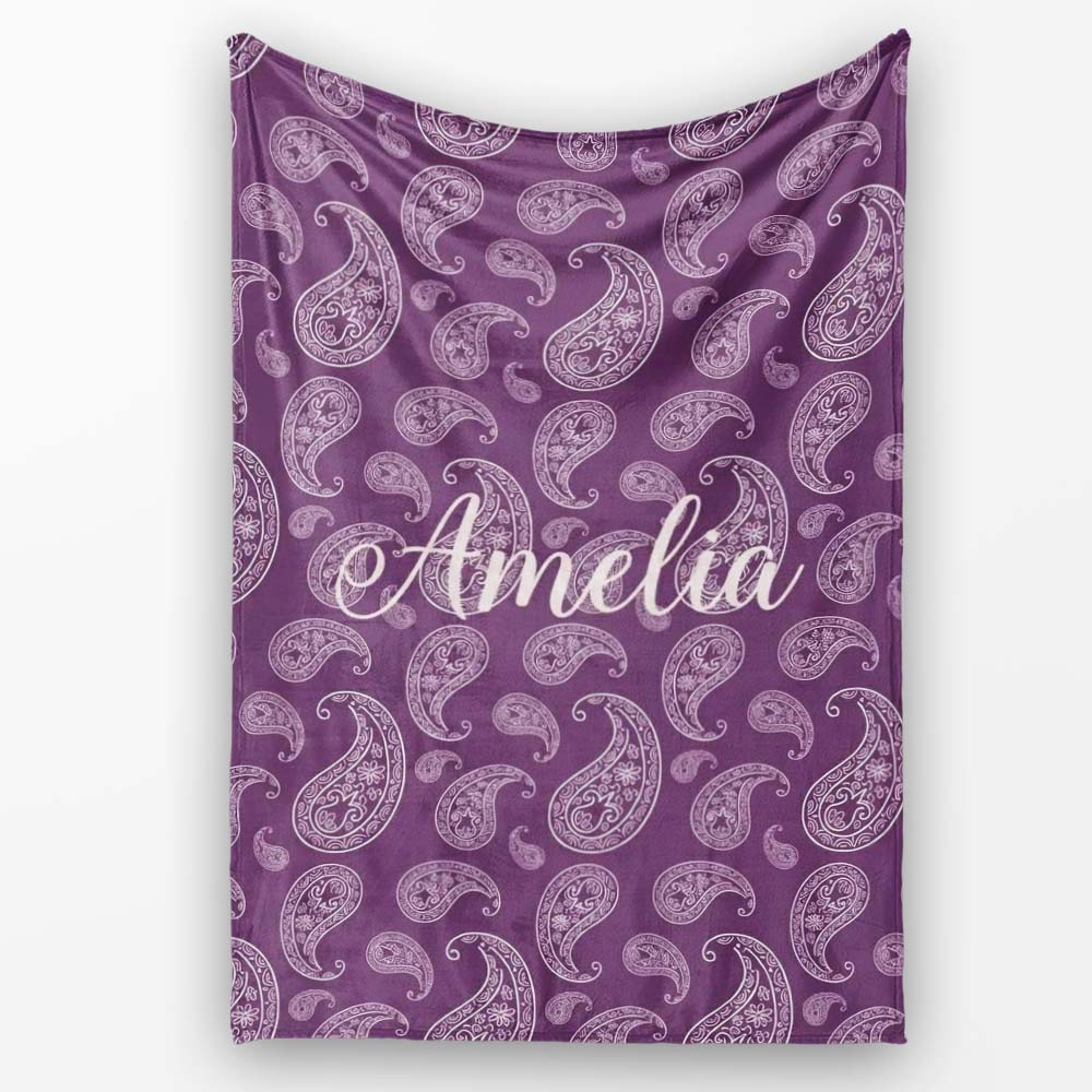 Vintage White Paisley Floral Pattern on Dark Burgundy Purple Personalised Custom Name Super Soft Fleece Blanket Bed Sofa Throw