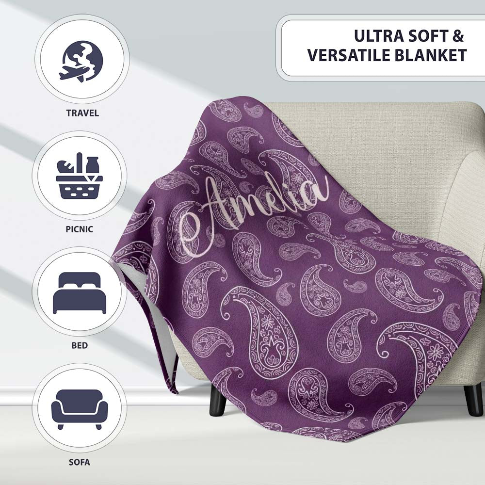 Vintage White Paisley Floral Pattern on Dark Burgundy Purple Personalised Custom Name Super Soft Fleece Blanket Bed Sofa Throw