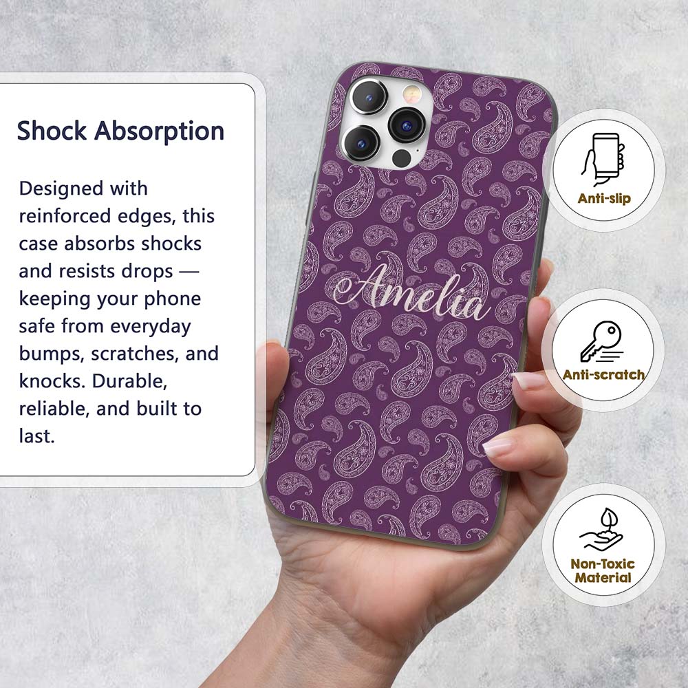 Vintage White Paisley Floral Pattern on Dark Custom Name Protective Phone Case Mobile Cover Durable Everyday Smartphone Shock Resistant