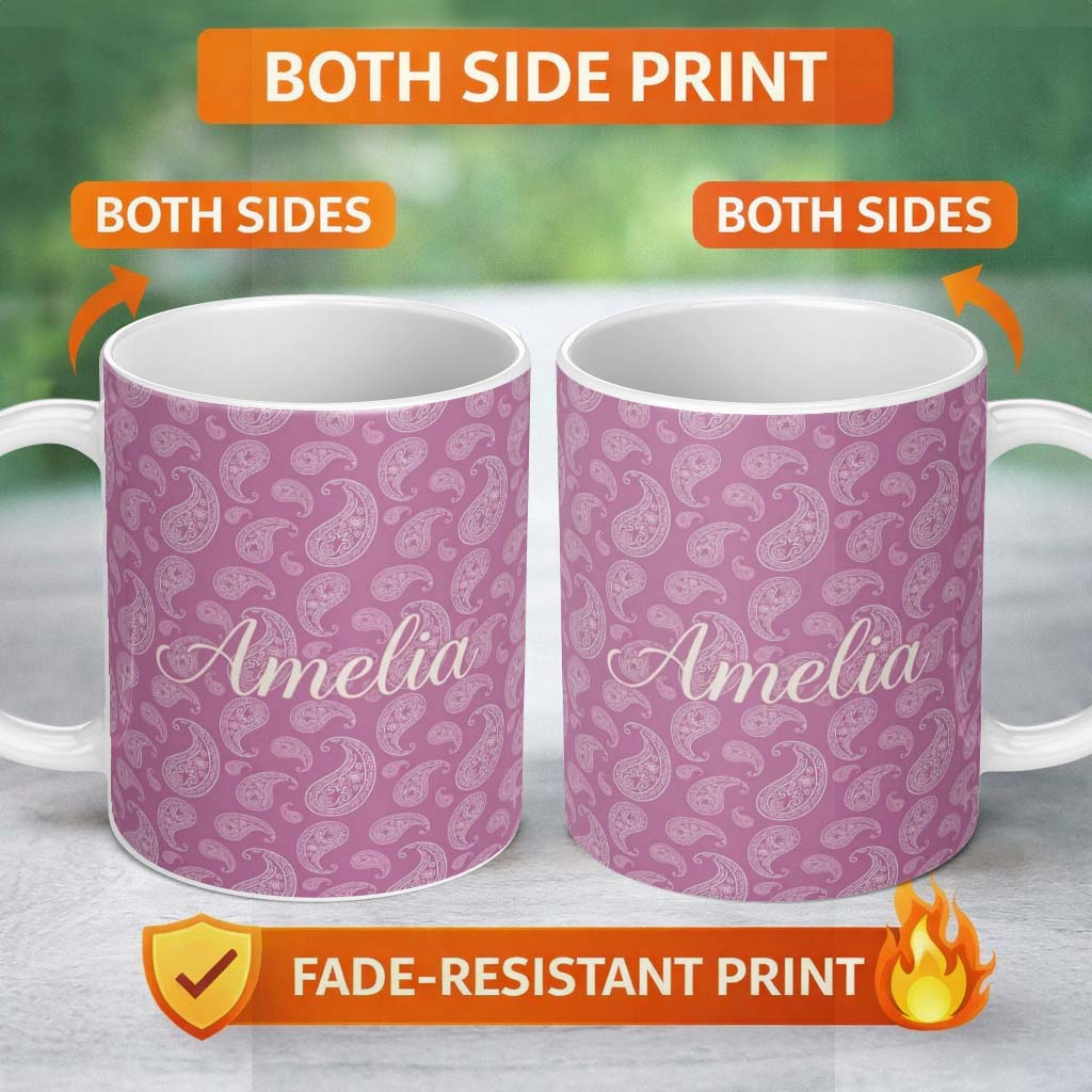 Personalized Custom Name Ornate White Paisley Design on Warm Mauve Gradient Background 11oz Ceramic Coffee Tea Mug White Large Handle