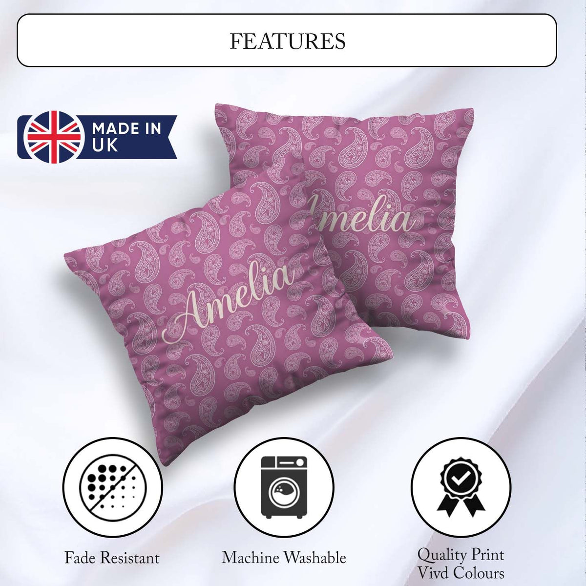 Custom Name Ornate White Paisley Design on Warm Mauve Background Square Filled Cushion Throw Pillow Sofa Bed Home Decor Zip Washable UK Made
