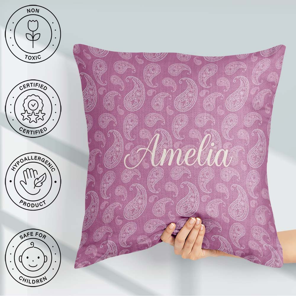 Custom Name Ornate White Paisley Design on Warm Mauve Background Square Filled Cushion Throw Pillow Sofa Bed Home Decor Zip Washable UK Made