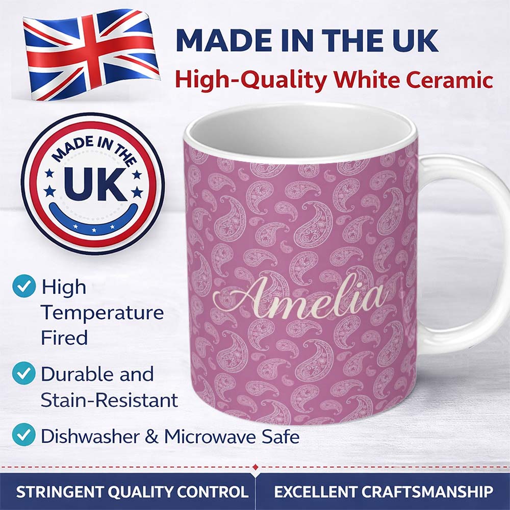Personalized Custom Name Ornate White Paisley Design on Warm Mauve Gradient Background 11oz Ceramic Coffee Tea Mug White Large Handle