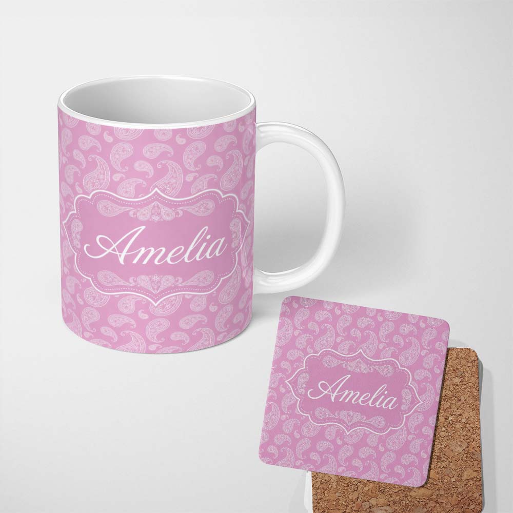 Personalized Custom Name Stylish White Paisley Motif on Blush Pink Gradient Background 11oz Ceramic Coffee Tea Mug White Large Handle
