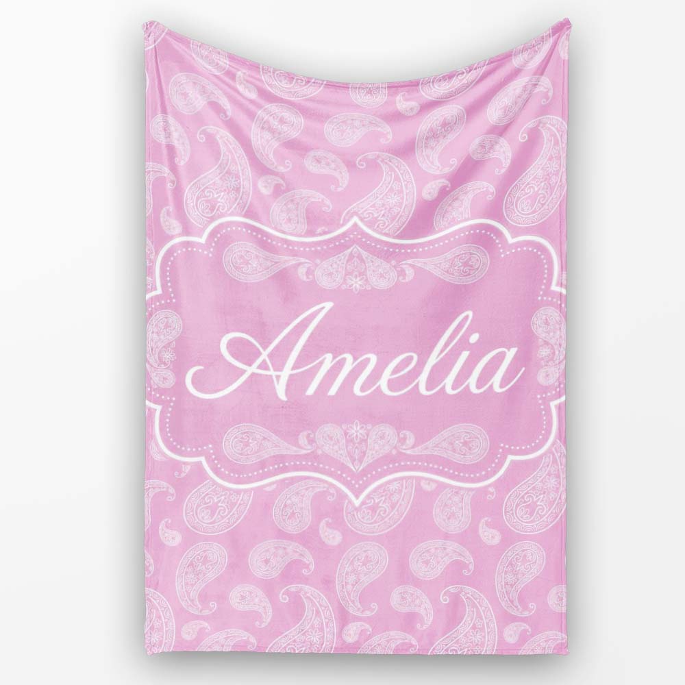 Stylish White Paisley Motif on Blush Pink Gradient Background Personalised Custom Name Super Soft Fleece Blanket Bed Sofa Throw