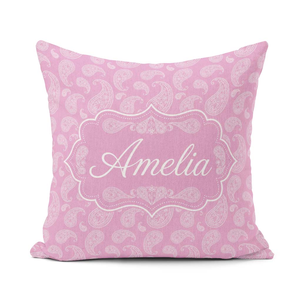 Custom Name Stylish White Paisley Motif on Blush Pink Background Square Filled Cushion Throw Pillow Sofa Bed Home Decor Zip Washable UK Made