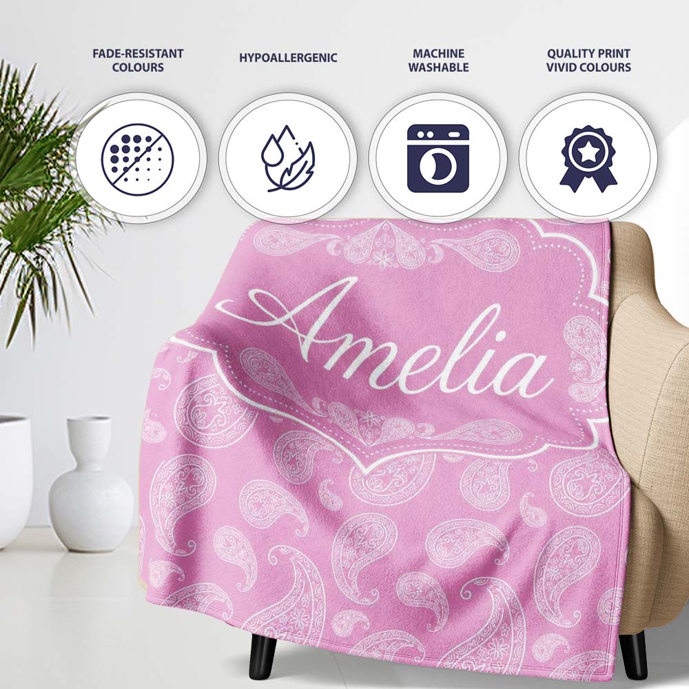 Stylish White Paisley Motif on Blush Pink Gradient Background Personalised Custom Name Super Soft Fleece Blanket Bed Sofa Throw