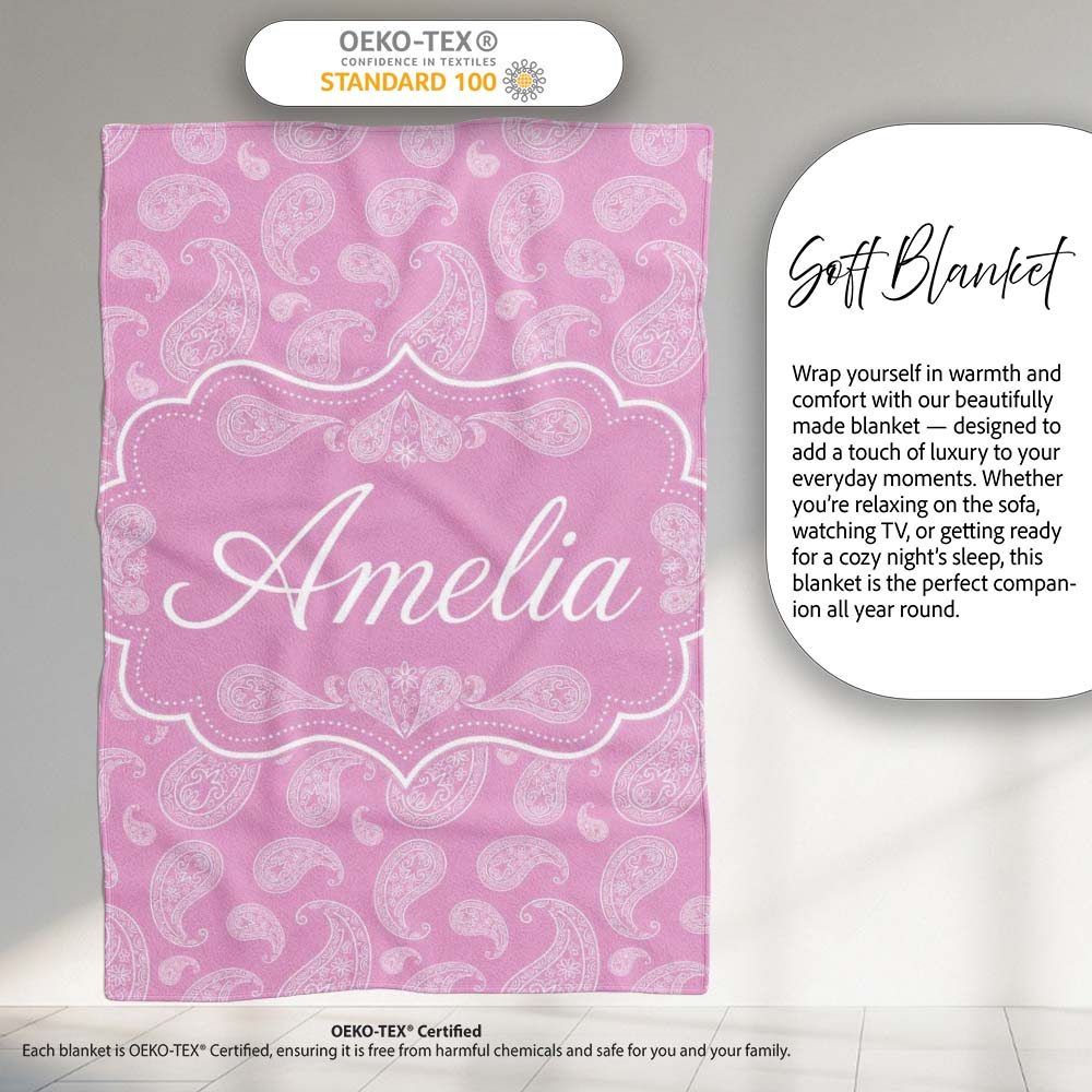 Stylish White Paisley Motif on Blush Pink Gradient Background Personalised Custom Name Super Soft Fleece Blanket Bed Sofa Throw