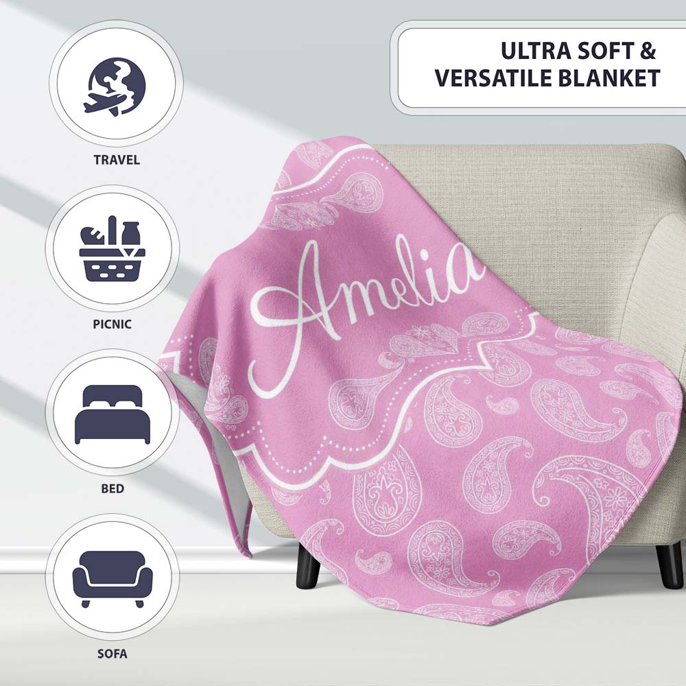 Stylish White Paisley Motif on Blush Pink Gradient Background Personalised Custom Name Super Soft Fleece Blanket Bed Sofa Throw