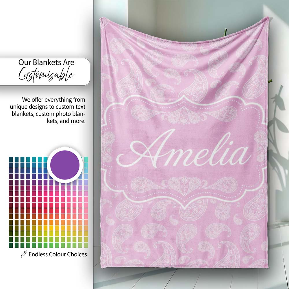 Stylish White Paisley Motif on Blush Pink Gradient Background Personalised Custom Name Super Soft Fleece Blanket Bed Sofa Throw