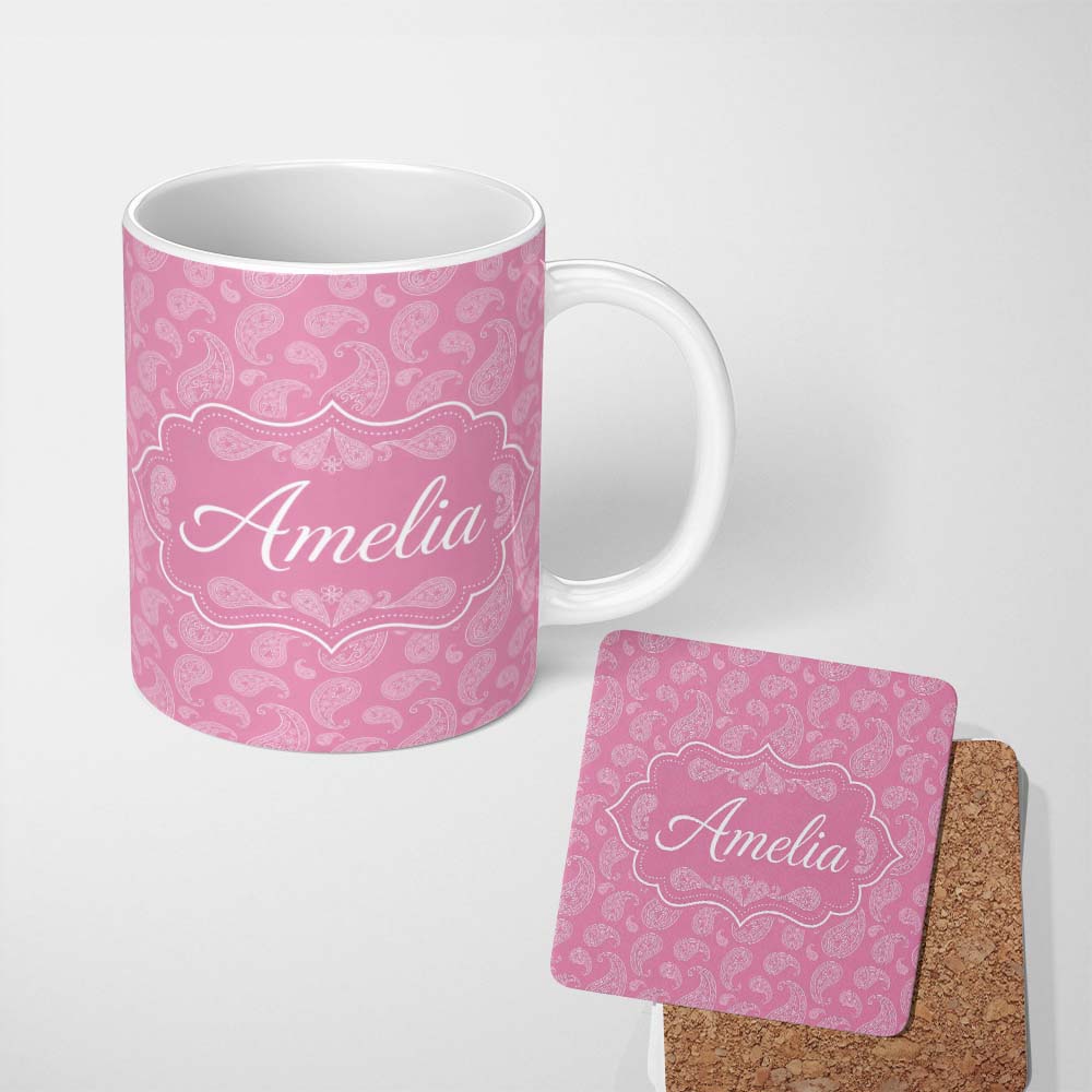 Personalized Custom Name Decorative White Paisley Pattern on Soft Rose Pink Background 11oz Ceramic Coffee Tea Mug White Large Handle