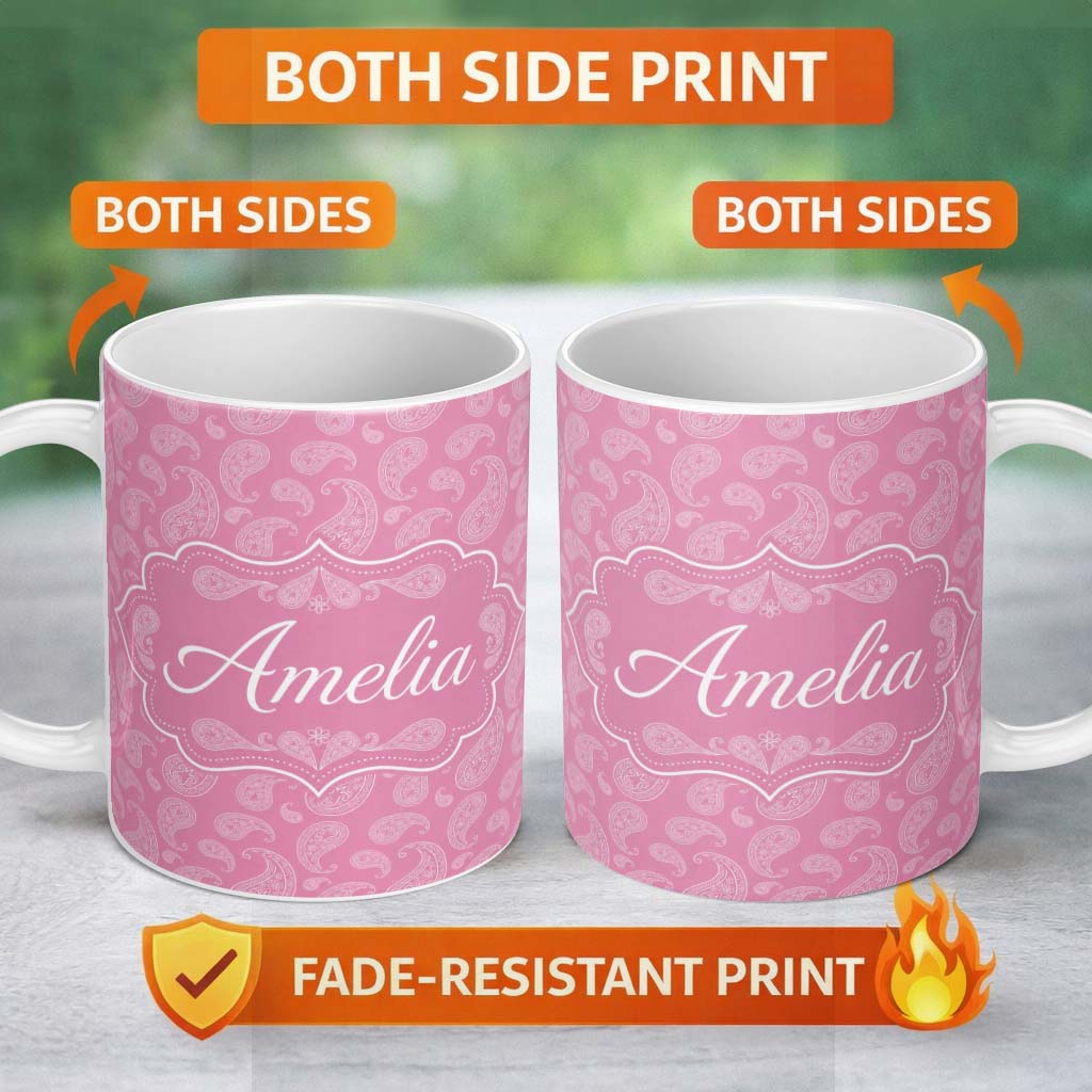 Personalized Custom Name Decorative White Paisley Pattern on Soft Rose Pink Background 11oz Ceramic Coffee Tea Mug White Large Handle
