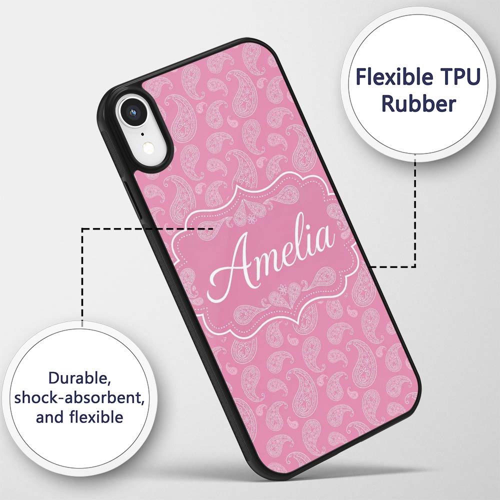 Decorative White Paisley Pattern on Soft Rose Custom Name Protective Phone Case Mobile Cover Durable Everyday Smartphone Shock Resistant