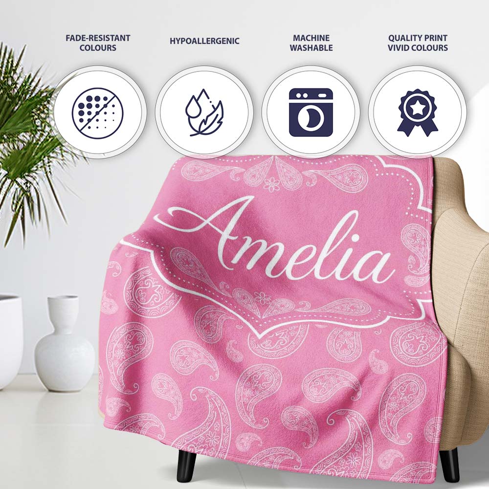 Decorative White Paisley Pattern on Soft Rose Pink Background Personalised Custom Name Super Soft Fleece Blanket Bed Sofa Throw