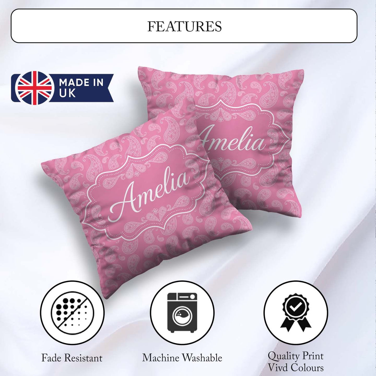 Custom Name Decorative White Paisley Pattern on Soft Rose Pink Square Filled Cushion Throw Pillow Sofa Bed Home Decor Zip Washable UK Made